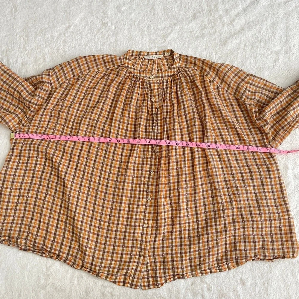 Doen The Jane Blouse Orange Meringue Plaid Clip Dot Cotton Button Top Size XS